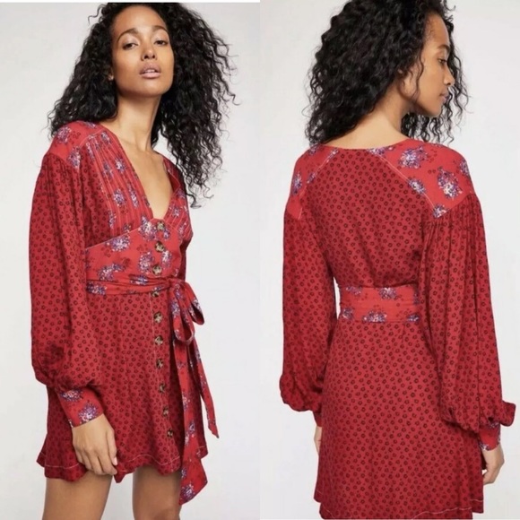 Free People Dresses & Skirts - NWOT Free People Mini Red Contrast Floral Dress XS